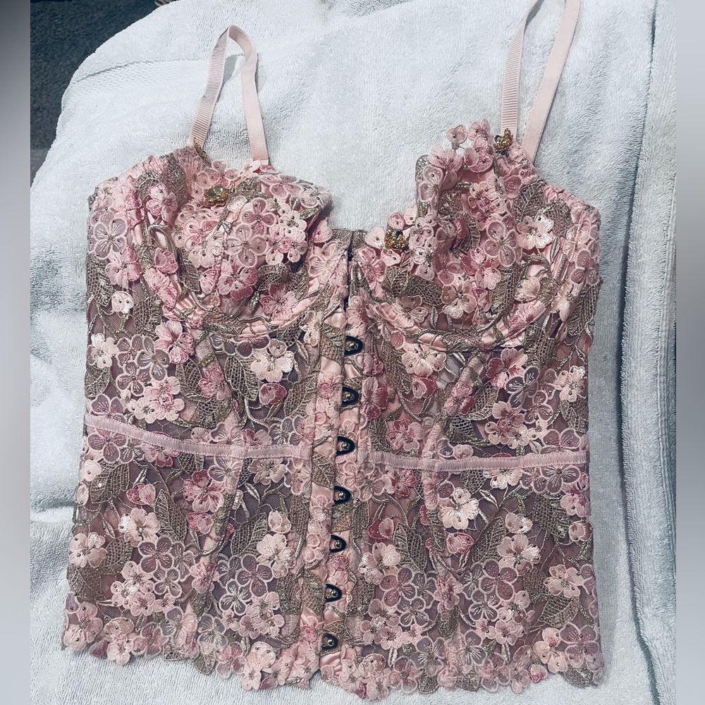 Atelier Victoria's Secret Pink and Gold Floral Lace Bustier